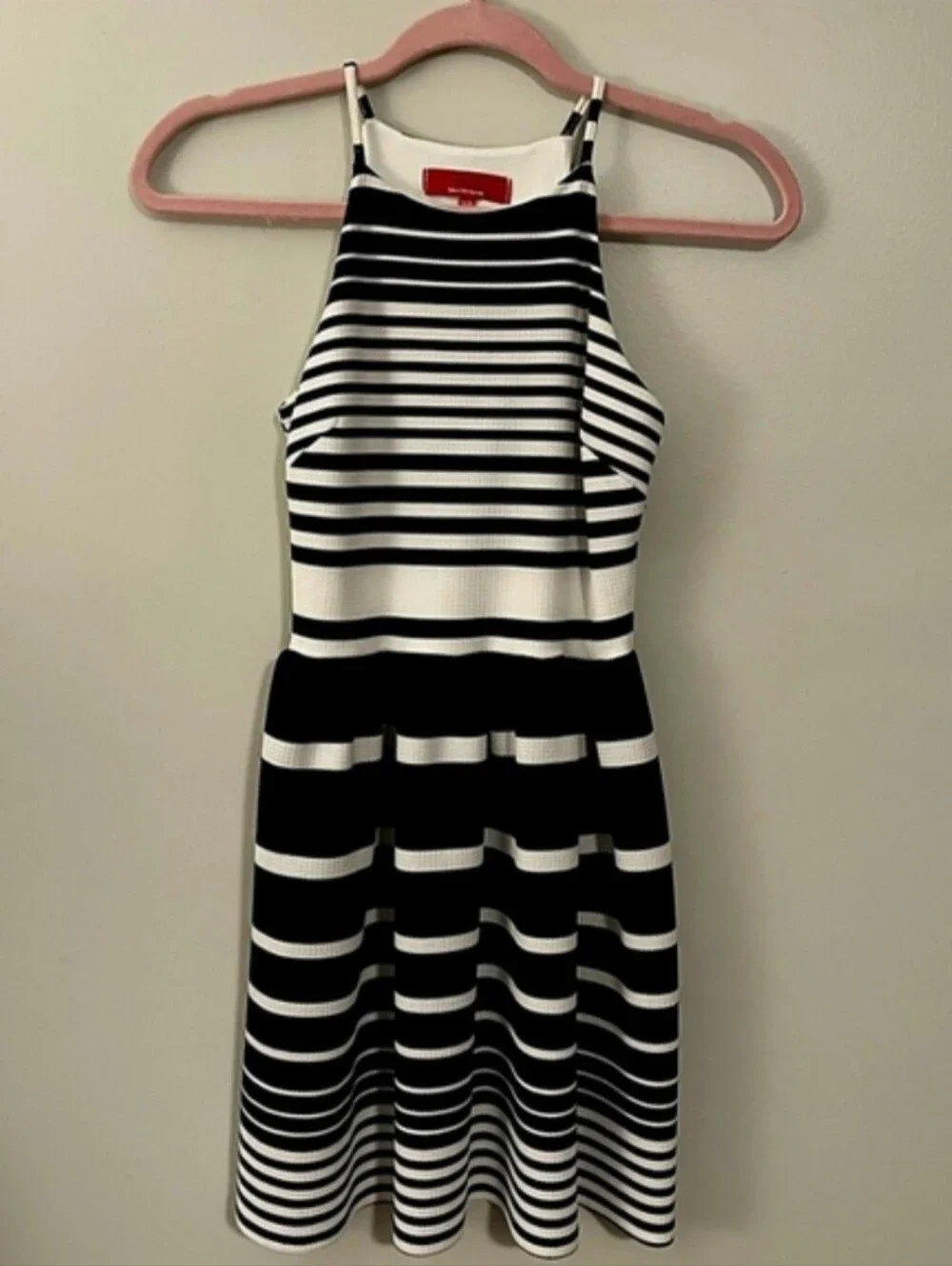 Red Saks Fifth Avenue Black White Stripe Halter Fit and Flare Dress NWOT Size XS